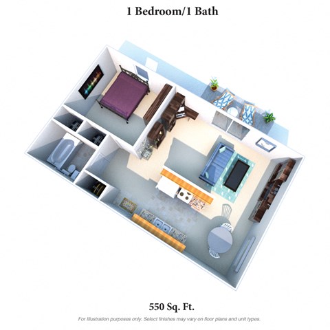 Floor plan for 1 bed, 1 bath, 550 sqft